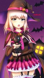 Rule 34 | 1girl, animal, bat (animal), black cape, black cat, black dress, black gloves, black hat, blue eyes, cape, cat, commentary, cowboy shot, dress, elbow gloves, frilled dress, frilled thighhighs, frills, frown, garter straps, girls und panzer, girls und panzer senshadou daisakusen!, gloves, half gloves, halloween, halloween costume, hat, highres, holding, holding animal, itsumi erika, jack-o&#039;-lantern ornament, looking at viewer, medium hair, necktie, night, night sky, official alternate costume, open mouth, purple cape, purple necktie, purple sky, redbaron, silver hair, sky, solo, standing, thighhighs, twitter username, two-sided cape, two-sided fabric, witch hat