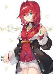 Rule 34 | 1girl, absurdres, ange katrina, ange katrina (1st costume), blue eyes, bow, closed mouth, commentary, hair between eyes, hair ornament, highres, jacket, looking at viewer, nijisanji, off shoulder, red hair, shirt, short hair, simple background, smile, solo, taht (that is mm), virtual youtuber, white background, white shirt