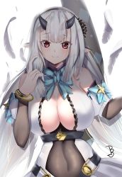 Rule 34 | 1girl, b:ga, bad id, bad pixiv id, bare shoulders, belt, black horns, blunt bangs, blush, bow, bowtie, bracelet, breasts, cleavage, covered navel, detached sleeves, dragon girl, dragon horns, epic seven, falling feathers, feathers, highres, horns, jewelry, large breasts, long hair, looking at viewer, pointy ears, red eyes, sidelocks, smile, upper body, very long hair, white background, white hair, yufine (epic seven)