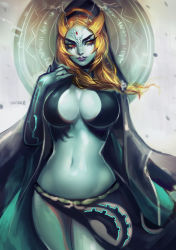 Rule 34 | 1girl, breasts, cloak, colored sclera, highres, jewelry, midna, midna (true), navel, nintendo, orange hair, parted lips, red eyes, sarong, solo, spoilers, stomach, the legend of zelda, the legend of zelda: twilight princess, viorie, yellow sclera