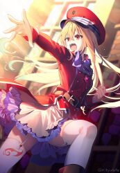 Rule 34 | 1girl, belt, black belt, blonde hair, blurry, blurry background, bow, bowtie, buttons, clenched hand, double-breasted, garter straps, hair between eyes, hat, hikikomari kyuuketsuki no monmon, long hair, military uniform, open mouth, peaked cap, purple bow, purple bowtie, red eyes, red hat, riichu, solo, teeth, terakomari gandezblood, thighhighs, twitter username, uniform, upper teeth only, white garter straps, white thighhighs