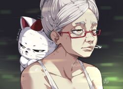 1girl ayase_seiko brown_eyes cat cigarette close-up dandadan fallen_angels_(movie) glasses grey_hair jk_arts mature_female red-framed_eyewear semi-rimless_eyewear smoking tall_hair tank_top turbo_granny twitter_username white_tank_top