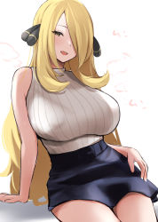 Rule 34 | 1girl, black skirt, blonde hair, breasts, creatures (company), cynthia (pokemon), game freak, hair ornament, hair over one eye, highres, large breasts, long hair, looking at viewer, mature female, miniskirt, nintendo, open mouth, pokemon, pokemon dppt, ribbed tank top, simple background, sixteenpo, skirt, smile, solo, very long hair, white background, yellow eyes