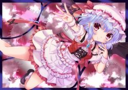 Rule 34 | 1girl, bad id, bad nicoseiga id, bat wings, blue hair, brooch, frills, hat, hat ribbon, jewelry, konpotsu, outstretched arm, red eyes, remilia scarlet, ribbon, solo, touhou, wings