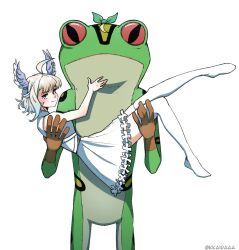 Rule 34 | 1girl, 1other, ahoge, artist name, bare shoulders, blonde hair, blush, carrying, closed mouth, colored skin, commentary, crown, dark skin, dress, english commentary, enna alouette, frog, froggy (polygonal mind), green skin, head wings, holding, kkairaaa, looking at viewer, multicolored hair, nijisanji, nijisanji en, no shoes, polygonal mind, pomu rainpuff, princess carry, purple eyes, red-eyed tree frog, red eyes, short dress, simple background, sleeveless, sleeveless dress, smile, split mouth, standing, strapless, strapless dress, thighhighs, twitter username, virtual youtuber, white background, white dress, wings