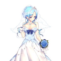 Rule 34 | 1girl, adjusting clothes, blue hair, bouquet, breasts, cleavage, flower, giuniu, gloves, hair over shoulder, holding, jewelry, large breasts, long hair, necklace, official art, original, smile, solo, tiara, transparent background, uchi no hime-sama ga ichiban kawaii, veil, vivienne (uchi no hime-sama ga ichiban kawaii), white gloves