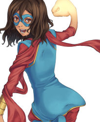Rule 34 | 1girl, animification, aona (anagasaki), brown eyes, brown hair, clenched hand, dark-skinned female, dark skin, domino mask, from behind, kamala khan, looking back, marvel, mask, ms. marvel, open mouth, scarf, smile, solo, superhero costume