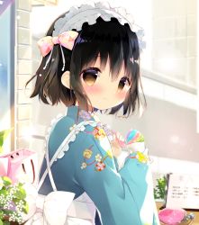 Rule 34 | 1girl, apron, bag, black hair, blue kimono, blush, bow, brick wall, brown hair, closed mouth, coin purse, commentary request, fingernails, floral print, flower, food, frilled hairband, frills, from side, hair between eyes, hairband, holding, holding spoon, ice cream, japanese clothes, kimono, long sleeves, looking at viewer, looking back, maid, original, paper bag, print kimono, shiratama (shiratamaco), short hair, sleeves past wrists, solo, spoon, upper body, wa maid, wavy mouth, white apron, white bow, white flower, white hairband, wide sleeves