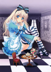 Rule 34 | 1girl, absurdres, alice (alice in wonderland), alice in wonderland, black footwear, blonde hair, blue eyes, book, bow, card, carnelian, chair, cup, dress, earrings, giant, giantess, hair bow, high heels, highres, jewelry, lace, lolita fashion, platform footwear, platform heels, playing card, pocket watch, shoes, striped clothes, striped thighhighs, table, teacup, teapot, teaspoon, thighhighs, watch