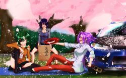 Rule 34 | 10s, 3girls, :d, absurdres, alcohol, bare shoulders, beer can, blush, bottle, box, breasts, can, car, cherry blossoms, cleavage, closed eyes, cup, dress shirt, drink can, drunk, eyepatch, green hair, grin, highres, jacket, jewelry, jun&#039;you (kancolle), kantai collection, kiso (kancolle), kurofude anna, kurohitsu anastasia, long hair, motor vehicle, multiple girls, necklace, nissan s15 silvia, nissan silvia, open mouth, pants, petals, purple hair, sakazuki, sake, sake bottle, shirt, short hair, skirt, smile, spiked hair, tenryuu (kancolle), thighhighs, vehicle