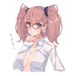 Rule 34 | 1girl, alakoala, atlanta (kancolle), bespectacled, blush, breasts, brown hair, collarbone, collared shirt, glasses, grey eyes, highres, kantai collection, large breasts, long hair, long sleeves, one-hour drawing challenge, open clothes, open shirt, red-framed eyewear, shirt, simple background, solo, translated, two side up, white background, white shirt