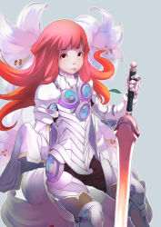 Rule 34 | 1girl, armor, fantasy, flower, gloves, long hair, original, red eyes, red hair, solo, sword, utu (wakon), weapon