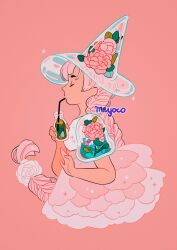 Rule 34 | 1girl, absurdres, artist name, bottle, braid, closed eyes, dress, drink, drinking, drinking straw, flower, from side, hat, highres, holding, holding bottle, long hair, meyoco, original, pink background, pink dress, pink flower, pink hair, pink theme, profile, see-through, simple background, single braid, solo, sparkle, upper body, very long hair, witch hat