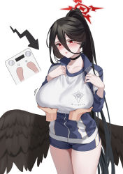 Rule 34 | 1girl, black hair, blue archive, blush, breast hold, breasts, disembodied hand, feathered wings, gym uniform, hair between eyes, halo, hasumi (blue archive), hasumi (track) (blue archive), jacket, large breasts, long hair, ponytail, red eyes, shorts, simple background, very long hair, white background, wings, zi se