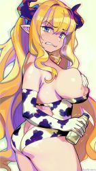 Rule 34 | 1girl, alternate costume, animal costume, animal print, ass, bell, blonde hair, blue eyes, butt crack, commentary, covering privates, covering breasts, covering nipples, cow costume, cow girl, cow print, cowbell, draph, english commentary, granblue fantasy, highres, horns, long hair, milk, neck bell, pointy ears, print leotard, razia, solo, woofycakes, yellow background