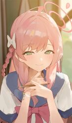 Rule 34 | 1girl, ahoge, blue archive, blue sailor collar, blurry, blurry background, blush, bow, braid, closed mouth, green eyes, hair bow, halo, hanako (blue archive), highres, holding, holding pencil, kji (rozo), long hair, looking at viewer, pencil, pink bow, pink hair, pink halo, ribbon, sailor collar, school uniform, serafuku, short sleeves, single braid, smile, solo, upper body, white bow, white ribbon, white serafuku, wrist ribbon