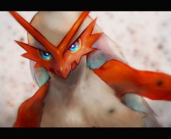 Rule 34 | blaziken, blue eyes, closed mouth, colored sclera, commentary request, creatures (company), game freak, gen 3 pokemon, highres, kikuyoshi (tracco), letterboxed, looking at viewer, nintendo, pokemon, pokemon (creature), signature, solo, upper body, yellow sclera