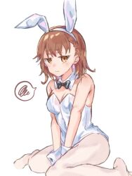 Rule 34 | 1girl, alternate costume, animal ears, bare shoulders, between legs, black bow, black bowtie, bow, bowtie, breasts, brown eyes, brown hair, closed mouth, commentary, detached collar, embarrassed, fake animal ears, hand between legs, hero girl521, leotard, looking at viewer, misaka mikoto, pantyhose, playboy bunny, rabbit ears, short hair, sitting, small breasts, solo, strapless, strapless leotard, swirl, symbol-only commentary, toaru kagaku no railgun, toaru majutsu no index, wariza, white background, white leotard, white pantyhose, white wrist cuffs, wing collar, wrist cuffs