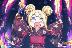 Rule 34 | 1girl, :d, abigail williams (fate), afterimage, black bow, blonde hair, blue eyes, blush, bow, commentary request, crossed bandaids, double bun, fate/grand order, fate (series), fireworks, floral print, hair bow, hair bun, heart, heart in mouth, highres, japanese clothes, kimono, long hair, long sleeves, multiple hair bows, neon-tetora, obi, open mouth, orange bow, parted bangs, print kimono, purple kimono, sash, sidelocks, sleeves past wrists, smile, solo, upper body, wide sleeves