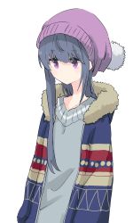 Rule 34 | 1girl, ahoge, asymmetrical hair, blue hair, blue jacket, closed mouth, commentary request, fur trim, hands in pockets, jacket, long hair, long sleeves, looking away, multicolored clothes, multicolored headwear, pom pom (clothes), purple eyes, shima rin, shiroshi (denpa eshidan), solo, standing, striped clothes, striped headwear, woollen cap, yurucamp