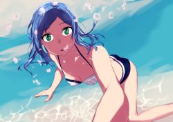 Rule 34 | 1girl, air bubble, bikini, blue hair, breasts, breath, bubble, blowing bubbles, freediving, green eyes, holding breath, kana (peropepero), long hair, looking at viewer, medium breasts, ocean, parted lips, reaching, reaching towards viewer, selfie, solo, swimming, swimsuit, underwater, water