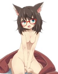 Rule 34 | 1girl, animal ears, aqua eyes, bed sheet, between legs, blanket, blurry, breasts, brown hair, cleavage, collarbone, commentary request, depth of field, dorothy (pan koujou), dorothy (tadashi), dorothy (tadashi1013), glasses, groin, hair between eyes, hand between legs, highres, looking at viewer, navel, nipples, nude, on bed, open mouth, original, red-framed eyewear, seiza, short hair, simple background, sitting, small breasts, solo, tadashi (tadashi1013), teeth, v arms, white background
