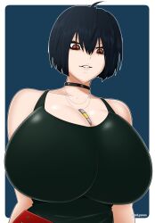 Rule 34 | 1girl, axel persona, bare shoulders, blue hair, breasts, choker, cleavage, female focus, hair between eyes, highres, huge breasts, jewelry, looking at viewer, looking down, necklace, persona, persona 5, red eyes, short hair, simple background, solo, takemi tae, upper body