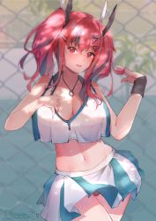 Rule 34 | 1girl, :d, azur lane, bare shoulders, black panties, blurry, blurry background, blush, breasts, bremerton (azur lane), bremerton (scorching-hot training) (azur lane), chain-link fence, chinese commentary, cleavage, collarbone, collared shirt, commentary request, cowboy shot, crop top, crop top overhang, dappled sunlight, fang, fence, green skirt, grey hair, groin, hair between eyes, hair intakes, hair ornament, hairclip, highres, jewelry, large breasts, long hair, looking at viewer, midriff, multicolored hair, navel, necklace, no mole, open mouth, panties, pantyshot, pink eyes, pink hair, shirt, shirt tug, showerz, sidelocks, signature, skin fang, skirt, sleeveless, sleeveless shirt, smile, solo, sportswear, standing, streaked hair, sunlight, sweat, sweatband, tennis court, tennis uniform, tree shade, twintails, two-tone hair, two-tone shirt, two-tone skirt, underwear, white shirt, white skirt, x hair ornament