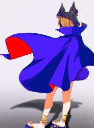 Rule 34 | 1girl, anklet, blue cape, cape, chromatic aberration, earmuffs, facing away, full body, gradient background, grey background, high collar, highres, jewelry, legs, lens flare, light brown hair, oishiinori 1248, pointy hair, red cape, sandals, shadow, short hair, simple background, solo, standing, toes, touhou, toyosatomimi no miko, two-tone cape, white background