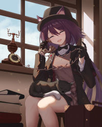Rule 34 | 1girl, :d, ^ ^, animal, animal ears, animal on lap, antique phone, arknights, black bow, black bowtie, black gloves, black headwear, black jacket, black skirt, book, bow, bowtie, brown shirt, cat, cat ears, cat girl, cat on lap, chair, closed eyes, ears through headwear, feet up, gloves, half gloves, highres, holding, holding phone, implied extra ears, indoors, jacket, long hair, long sleeves, melantha (arknights), melantha (letters from wessex) (arknights), official alternate costume, on lap, open clothes, open jacket, open mouth, phone, purple hair, rotary phone, shironekoban, shirt, sitting, skirt, smile, solo, thighs, very long hair, window