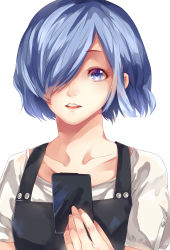 Rule 34 | 1girl, apron, black apron, blue eyes, blue hair, card, collarbone, commentary request, g4265059, hair over one eye, highres, holding, holding card, kirishima touka, looking at viewer, one eye covered, shirt, short hair, simple background, solo, teeth, tokyo ghoul, tokyo ghoul:re, upper teeth only, white background, white shirt