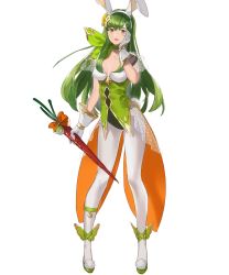 Rule 34 | 1girl, animal ears, breasts, carrot, choker, collarbone, fake animal ears, female focus, fire emblem, fire emblem: mystery of the emblem, fire emblem heroes, flower, food, full body, gloves, green eyes, green footwear, green hair, hair ornament, hand on own cheek, hand on own face, hand up, headband, high heels, highres, holding, leotard, long hair, looking at viewer, matching hair/eyes, mayo (becky2006), medium breasts, nintendo, official art, open mouth, palla (fire emblem), pantyhose, pom pom (clothes), rabbit ears, rabbit tail, see-through, sleeveless, smile, solo, standing, tail, transparent background, white gloves