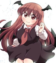 Rule 34 | 1girl, alternate eye color, alternate hair color, blouse, blush, breasts, brown dress, brown eyes, brown hair, closed mouth, collared shirt, commentary request, demon wings, dress, hair between eyes, hand up, head wings, highres, koakuma, large breasts, long hair, long sleeves, looking at viewer, necktie, puffy long sleeves, puffy sleeves, red necktie, rokugou daisuke, shirt, simple background, smile, solo, standing, touhou, white background, white shirt, wings