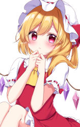 Rule 34 | 1girl, blonde hair, eyes visible through hair, flandre scarlet, hair between eyes, hat, highres, mob cap, one side up, red eyes, shinonome asu, short hair, simple background, solo, touhou, white background, white hat