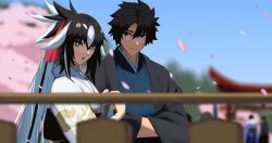 1boy 1girl black_hair blue_eyes blue_sky commentary_request fate/grand_order fate_(series) fujimaru_ritsuka_(male) green_eyes hair_between_eyes happy_new_year high_ponytail highres japanese_clothes kimono long_hair long_sleeves looking_at_viewer multicolored_hair nagao_kagetora_(fate) new_year paperpillar short_hair sidelocks sky smile two-tone_hair uesugi_kenshin_(fate) uesugi_kenshin_(third_ascension)_(fate) very_long_hair white_hair wide_sleeves