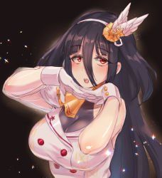 Rule 34 | 1girl, ascot, black background, black hair, breasts, chamame, cleavage, gloves, hair between eyes, half-closed eyes, hands up, highres, idol, large breasts, long hair, looking at viewer, open mouth, red eyes, shirt, sleeveless, sleeveless shirt, solo, sparkle, yamada tae, yellow ascot, zombie land saga