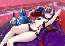 Rule 34 | alcohol, arm up, armpits, bob cut, breasts, cup, dated, fangs, fate/grand order, fate (series), food, fruit, gourd, headpiece, highres, horns, looking at viewer, lying, nosuku, on back, open mouth, petals, purple eyes, purple hair, revealing clothes, sakazuki, sake, short eyebrows, short hair, shuten douji (fate), shuten douji (first ascension) (fate), skin-covered horns, small breasts, solo, twitter username