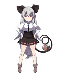 Rule 34 | 1girl, alternate hair length, alternate hairstyle, animal ears, basket, breasts, brown footwear, capelet, closed mouth, commentary request, crystal, expressionless, full body, grey hair, grey skirt, grey vest, hands on own hips, highres, jewelry, layered clothes, long hair, long sleeves, looking at viewer, miniskirt, mouse (animal), mouse ears, mouse girl, mouse tail, nazrin, otoufu (wddkq314band), pendant, red eyes, shirt, shoes, simple background, skirt, skirt set, small breasts, standing, tail, touhou, vest, white background, white capelet, white shirt