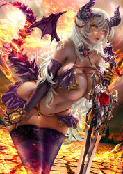 Rule 34 | 1girl, breasts, commission, dark-skinned female, dark skin, demon girl, demon horns, demon tail, demon wings, elbow gloves, fangs, fire, gloves, holding, holding sword, holding weapon, horns, huge breasts, kaopon, lace, lace-trimmed legwear, lace trim, leaning forward, long hair, looking at viewer, original, parted lips, revealing clothes, reverse grip, skeb commission, solo, sword, tail, thighhighs, weapon, white hair, wings, yellow eyes
