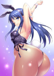 Rule 34 | 1girl, animal ears, armpits, arms behind head, ass, black bow, black bowtie, black leotard, blue eyes, blue hair, bow, bowtie, breasts, commentary request, cowboy shot, detached collar, fake animal ears, fishnet pantyhose, fishnets, from below, gradient background, kurusugawa ayaka, large breasts, leotard, looking at viewer, looking back, one eye closed, pantyhose, playboy bunny, rabbit ears, rabbit tail, seductive smile, smile, solo, strapless, strapless leotard, stretching, tail, to heart, to heart (series), wrist cuffs, zen