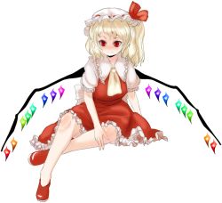 Rule 34 | 1girl, ascot, closed mouth, crystal, female focus, flandre scarlet, frills, full body, hat, hat ribbon, long hair, mob cap, nanami natsuki, nanaumi natsuki, one side up, red eyes, red footwear, ribbon, shoes, short sleeves, sitting, slit pupils, smile, solo, touhou, white background, wings
