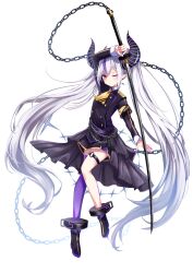 Rule 34 | 1girl, black dress, chain, commentary request, demon girl, demon horns, dress, hair between eyes, highres, holding, holding sword, holding weapon, hololive, horns, katana, la+ darknesss, long hair, looking at viewer, michitose gusa, multicolored hair, o-ring, o-ring thigh strap, one eye closed, pointy ears, purple hair, purple thighhighs, sidelocks, simple background, single thighhigh, solo, streaked hair, sword, thigh strap, thighhighs, twintails, very long hair, virtual youtuber, weapon, white background, white hair, yellow eyes
