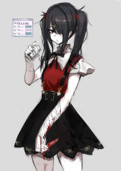 Rule 34 | 1girl, absurdres, ame-chan (needy girl overdose), bandages, black bow, black hair, black nails, black skirt, blood, blood on hands, bloody weapon, bow, breasts, calendar (object), chuhaibane, drooling, drugs, grey background, grey eyes, heart, highres, knife, medicine, medicine bottle, messy hair, nail polish, needy girl overdose, one eye covered, pill, pill bottle, saliva, self-harm, self harm, short hair, short sleeves, side ponytail, sidelocks, simple background, skirt, small breasts, solo, suspender skirt, suspenders, thighs, twintails, weapon