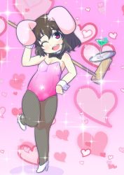 Rule 34 | 1girl, ;d, alternate costume, animal ears, bow, bowtie, brown hair, detached collar, fishnet pantyhose, fishnets, heart, highres, inaba tewi, kine, leotard, looking at viewer, mallet, one eye closed, open mouth, pantyhose, pink background, playboy bunny, rabbit ears, short hair, smile, solo, tail, touhou, utoi (nurunurunameko), wrist cuffs
