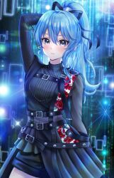 Rule 34 | 1girl, absurdres, arm up, belt, black belt, black cape, black shirt, black shorts, black skirt, blue eyes, blue hair, blush, cape, chest harness, harness, highres, hololive, hoshimachi suisei, hoshimachi suisei (shout in crisis), layered skirt, long hair, long sleeves, looking at viewer, official alternate costume, pleated skirt, ponytail, revision, shirt, shorts, skirt, solo, turtleneck, turtleneck shirt, virtual youtuber, waist cape, wajuniorbox