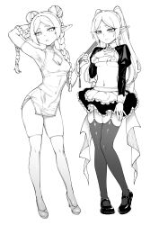 Rule 34 | 1girl, absurdres, apron, armpits, bikini, braid, breasts, china dress, chinese clothes, commentary, double bun, dress, earrings, elf, english commentary, frieren, full body, garter straps, greyscale, hair bun, high heels, highres, jewelry, long sleeves, maid, maid apron, maid bikini, miniskirt, monochrome, navel, nipples, orgoglioso banane, pointy ears, shrug (clothing), simple background, skindentation, skirt, small breasts, sousou no frieren, standing, swimsuit, thighhighs, twin braids, twintails, unconventional maid, white background