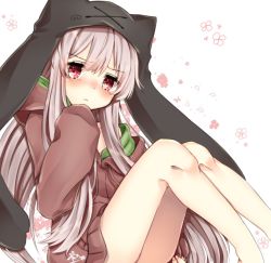Rule 34 | 1girl, abe suke, bare legs, blush, brown hair, closed mouth, commentary request, floral background, hood, hoodie, long hair, looking at viewer, original, red eyes, sidelocks, signature, sitting, sleeves past wrists, solo, very long hair