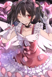 Rule 34 | 1girl, ;d, \m/, absurdres, black choker, black hair, choker, cowboy shot, double \m/, dress, earrings, flat chest, frilled dress, frilled sleeves, frills, gloves, grin, hair between eyes, hair ribbon, highres, jewelry, looking at viewer, love live!, nico nico nii, one eye closed, open mouth, pink ribbon, red dress, red eyes, ribbon, short dress, smile, solo, twintails, w arms, white gloves, yazawa nico, zen.nico