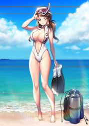 Rule 34 | 1girl, bad id, bad twitter id, bare shoulders, beach, blue sky, blunt bangs, breasts, brown eyes, brown hair, center opening, cleavage, closed mouth, clothes writing, cloud, cloudy sky, collarbone, day, diving mask, diving mask on head, flippers, full-length zipper, full body, glint, goggles, goggles on head, groin, highres, holding, large breasts, legs apart, long hair, looking at viewer, low ponytail, navel, ocean, one-piece swimsuit, original, outdoors, rewolf, sand, scuba gear, scuba tank, sidelocks, sky, sleeveless, smile, snorkel, solo, sparkle, standing, swimsuit, wet, white one-piece swimsuit, zipper