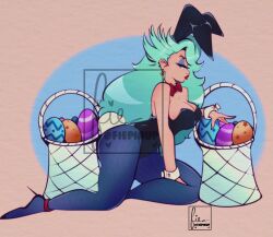 Rule 34 | 1girl, animal ears, annoyed, basket, black footwear, black leotard, blue eyes, blue hair, blue pantyhose, bow, bowtie, breasts, bulma, cleavage, cresscin, detached collar, dragon ball, dragonball z, earrings, easter, easter egg, egg, eyeshadow, highres, jewelry, kneeling, large breasts, leotard, long hair, looking at viewer, makeup, pantyhose, playboy bunny, rabbit ears, rabbit tail, red bow, red bowtie, red lips, shoes, tail, wrist cuffs